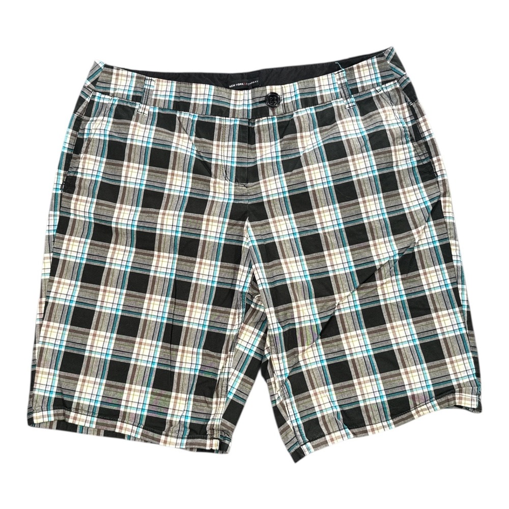 New‎ York Company Plaid Shorts Women Size 12 Black Blue Brown Cotton